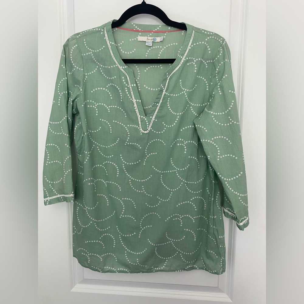 Boden Popover Tunic Green White Dot Pattern